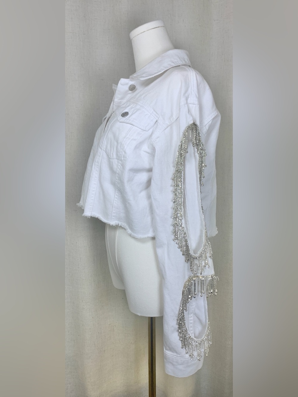 Akira White Denim Jacket Silver Rhinestone Fringe Embellished Cropped Utility M